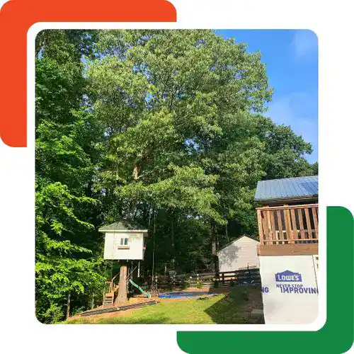 A backyard with a treehouse built in a large tree, a wooden deck to the right, and a white house in the background. Lush green trees—expertly maintained with tree services Cherokee, GA—fill the scene under a bright blue sky.